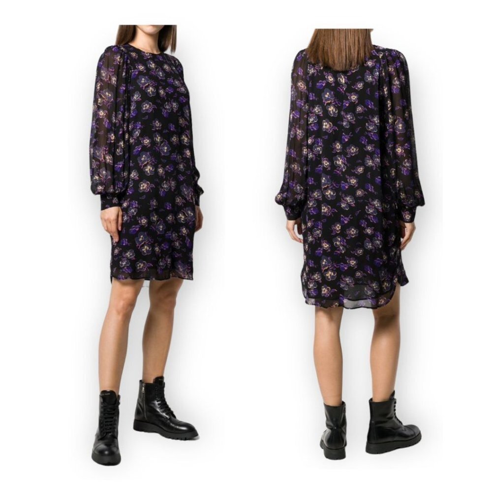 NWT GANNI floral print shift dress, black multi, size 38 EU/M